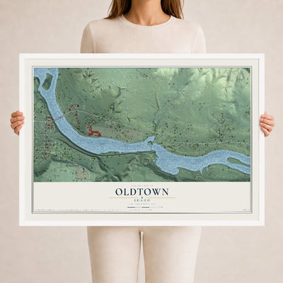 Map of Oldtown, Idaho, 24 x 36 inch print in a white wood frame
