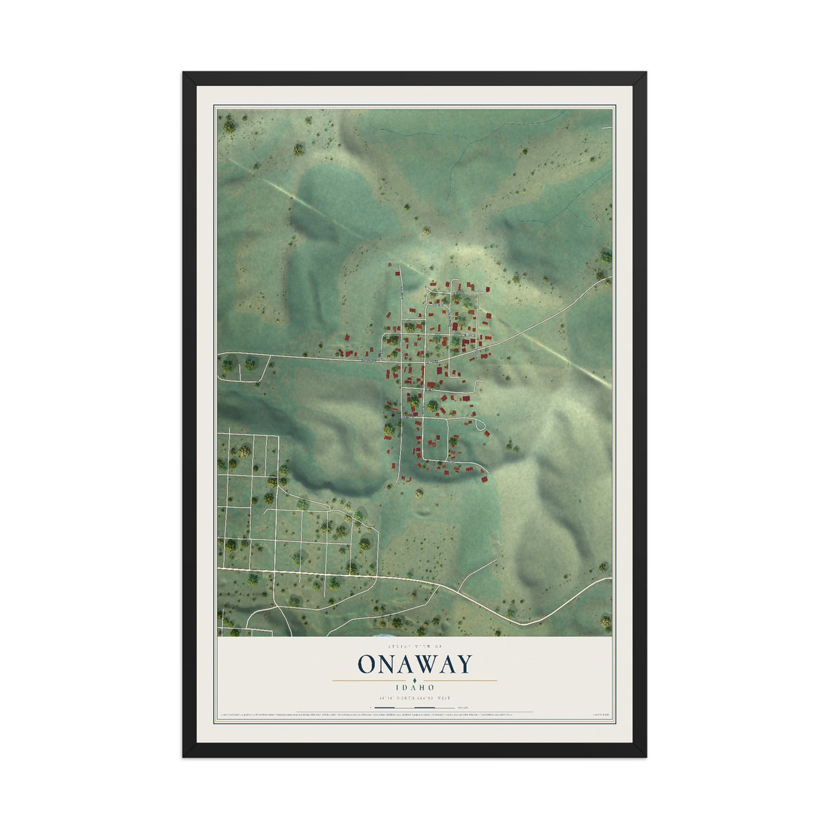 Map of Onaway, Idaho, 12 x 18 inch print in a black wood frame
