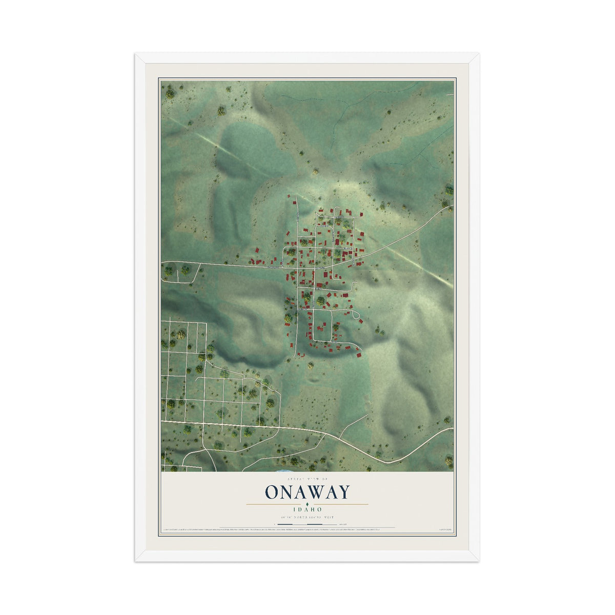 Map of Onaway, Idaho, 12 x 18 inch print in a white wood frame