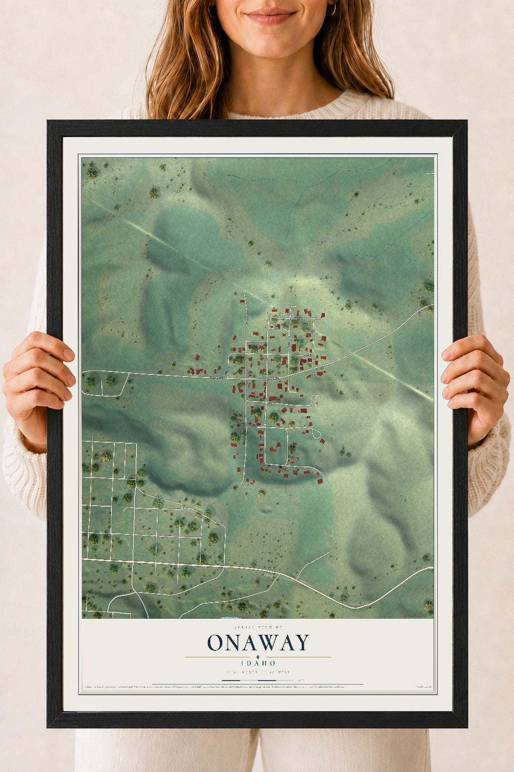 Map of Onaway, Idaho, 18 x 24 inch print in a black wood frame
