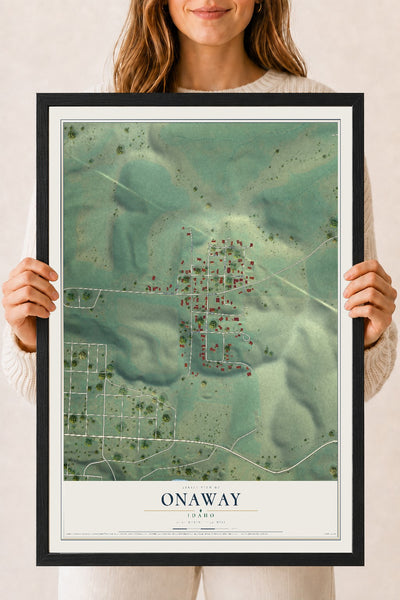 Map of Onaway, Idaho, 18 x 24 inch print in a black wood frame