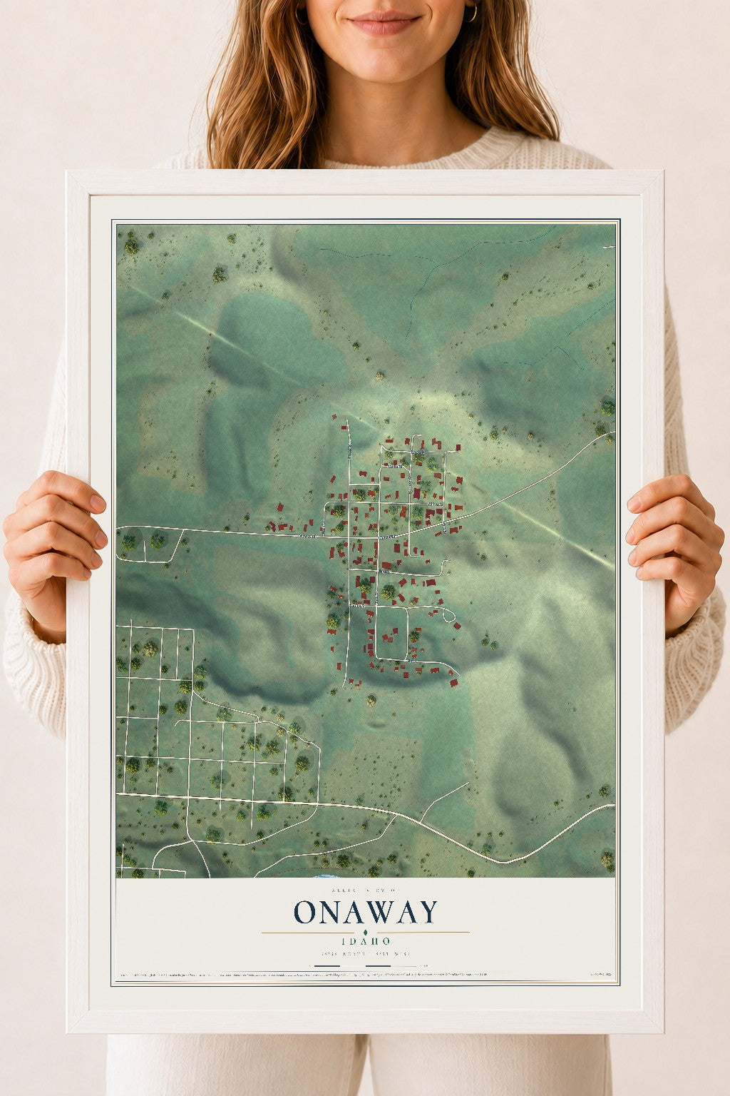 Map of Onaway, Idaho, 18 x 24 inch print in a white wood frame