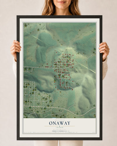 Map of Onaway, Idaho, 24 x 36 inch print in a black wood frame