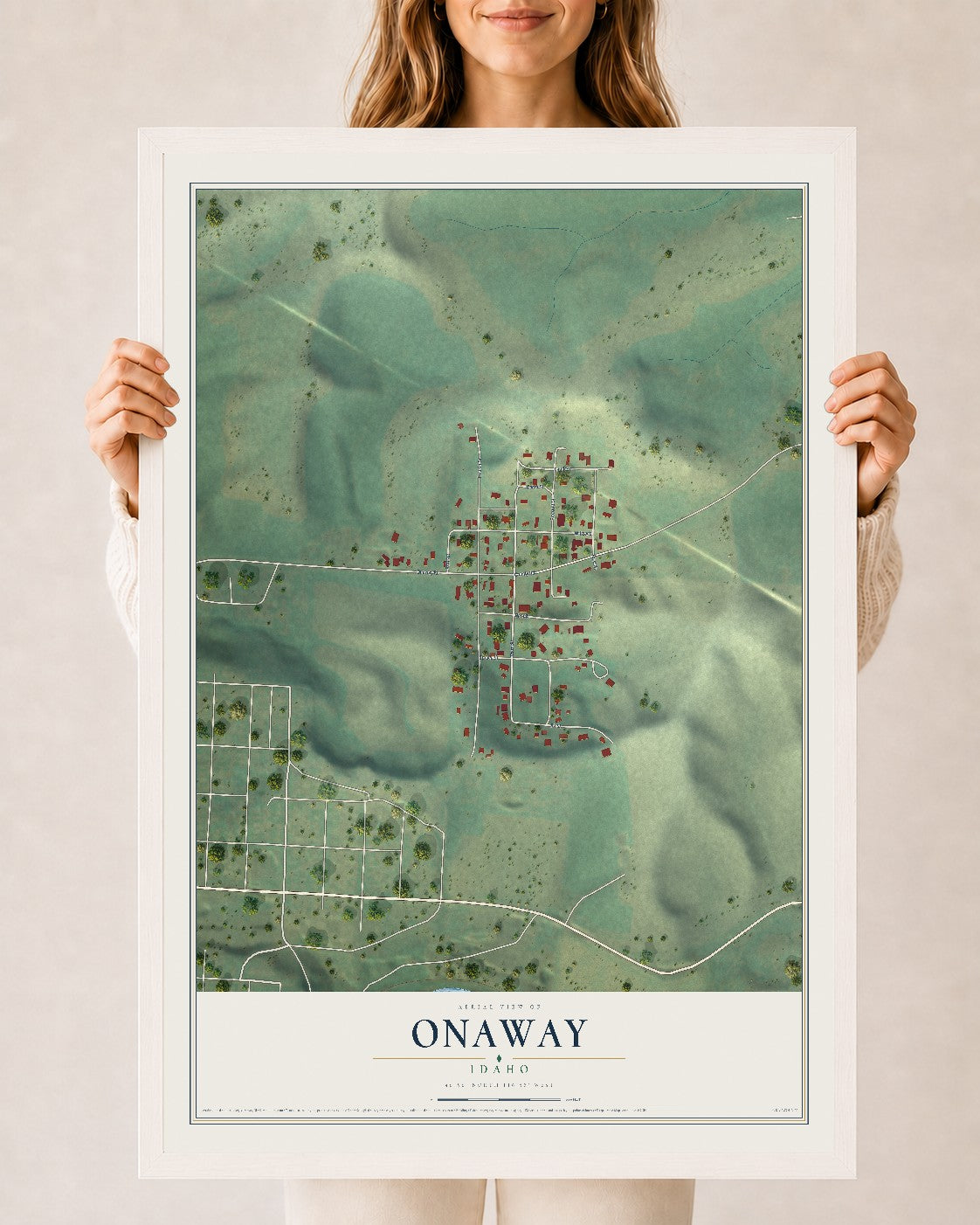 Map of Onaway, Idaho, 24 x 36 inch print in a white wood frame