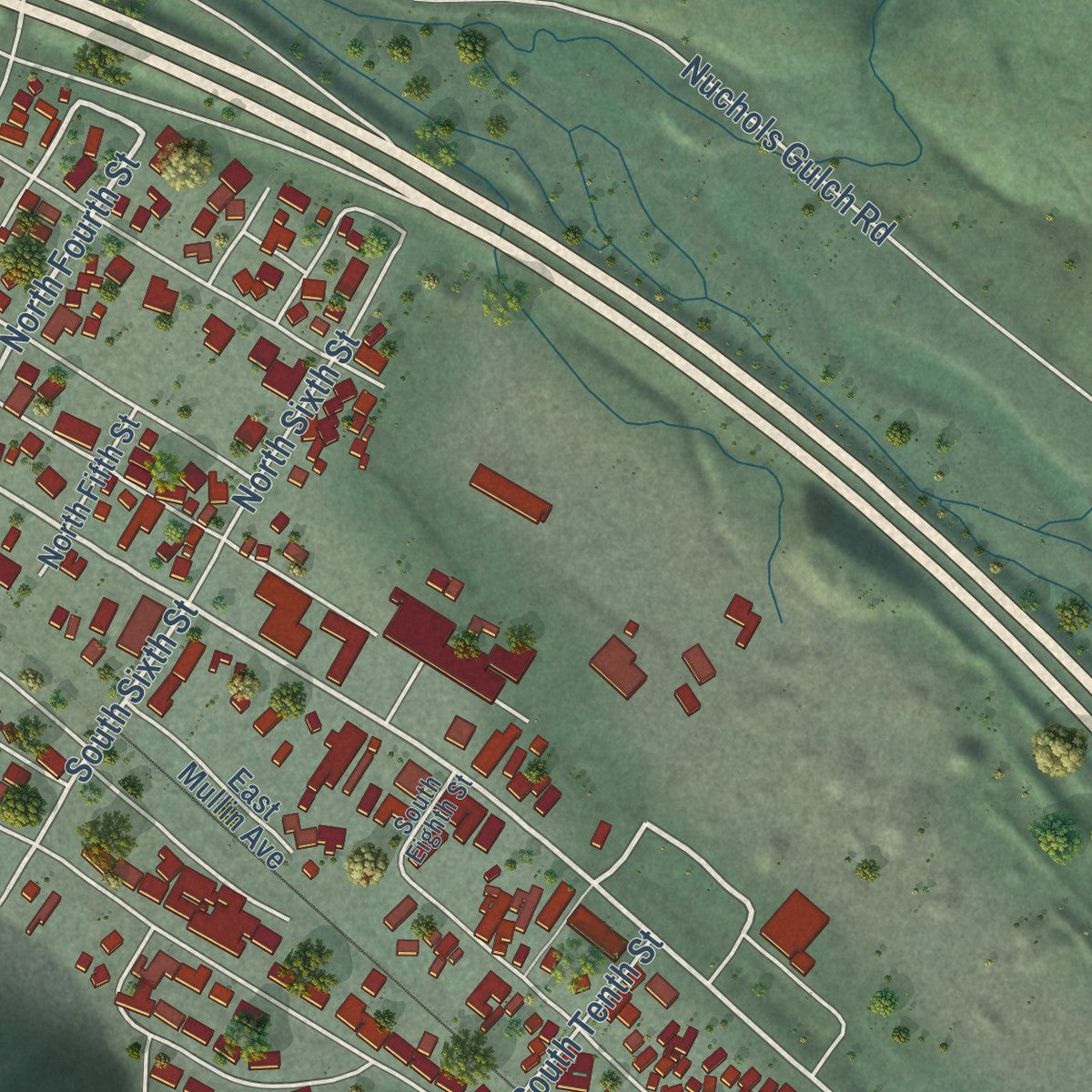 Close-up of the map of Osburn, Idaho print showing street and building detail