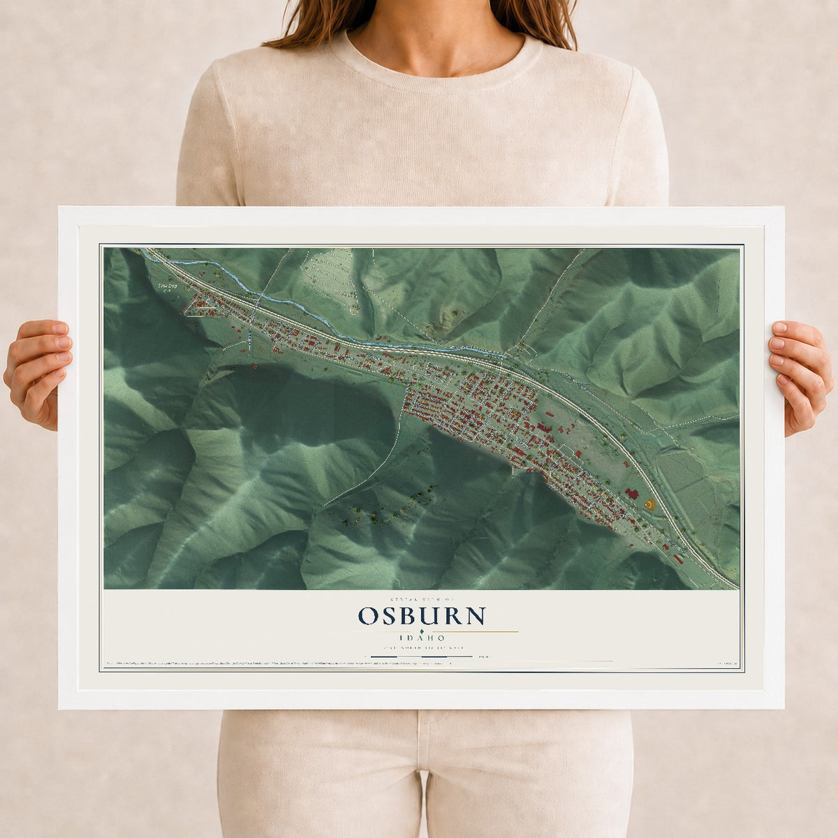 Map of Osburn, Idaho, 12 x 18 inch print in a white wood frame