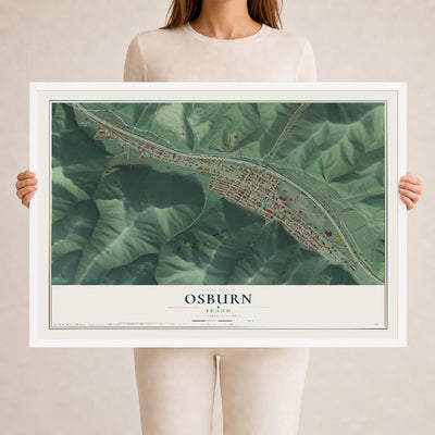Map of Osburn, Idaho, 24 x 36 inch print in a white wood frame