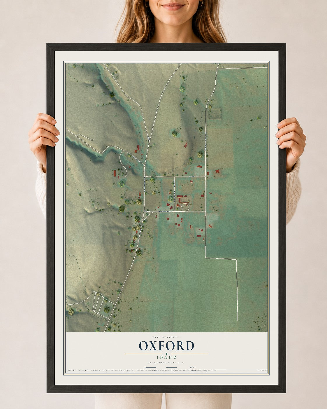 Map of Oxford, Idaho, 24 x 36 inch print in a black wood frame
