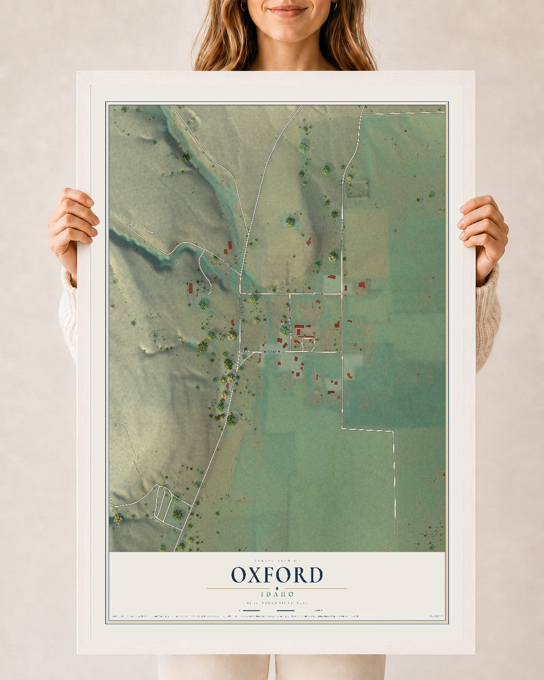 Map of Oxford, Idaho, 24 x 36 inch print in a white wood frame