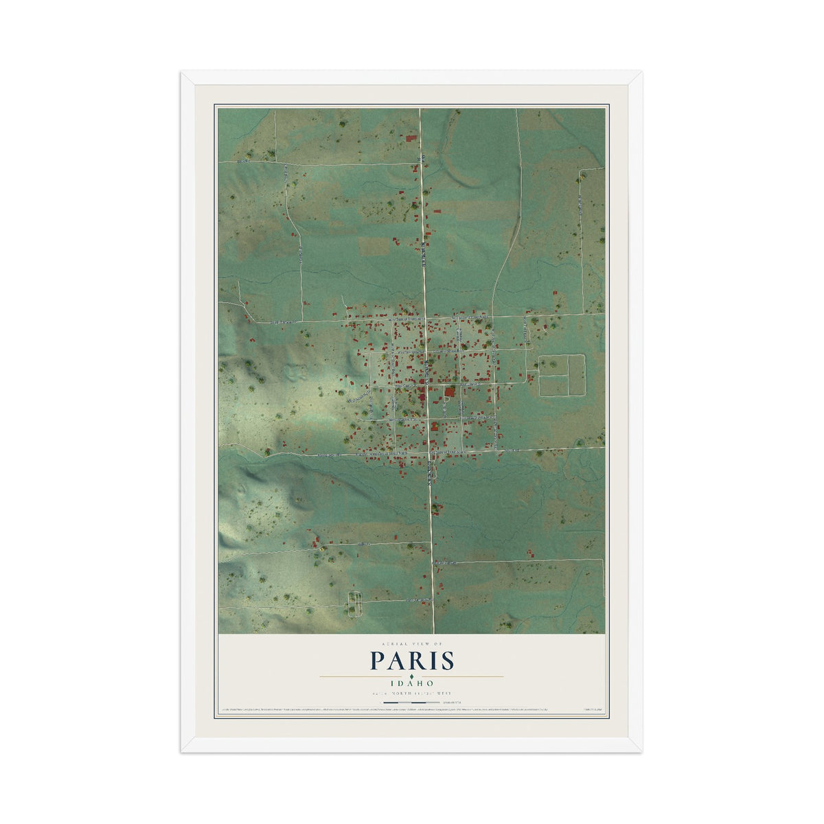 Map of Paris, Idaho, 12 x 18 inch print in a white wood frame