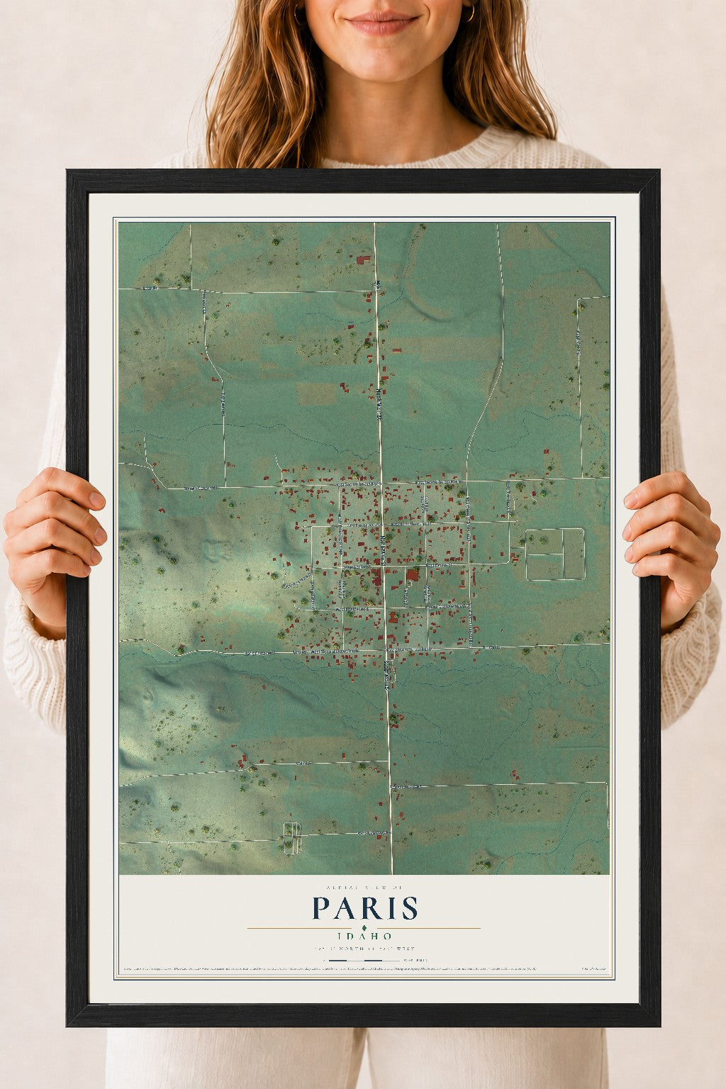 Map of Paris, Idaho, 18 x 24 inch print in a black wood frame