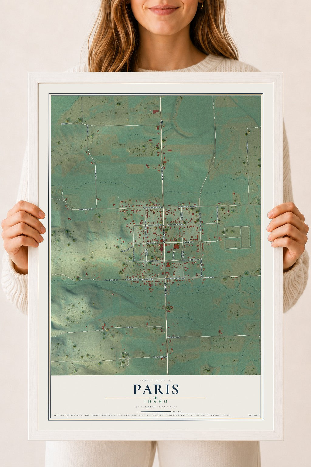 Map of Paris, Idaho, 18 x 24 inch print in a white wood frame