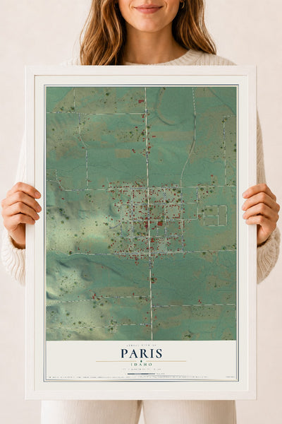 Map of Paris, Idaho, 18 x 24 inch print in a white wood frame