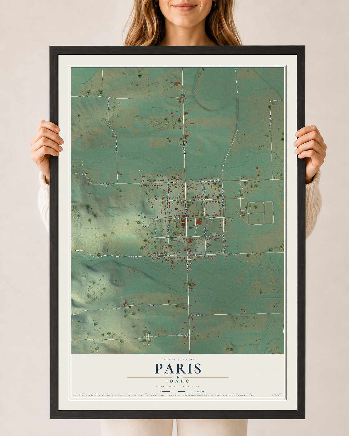 Map of Paris, Idaho, 24 x 36 inch print in a black wood frame