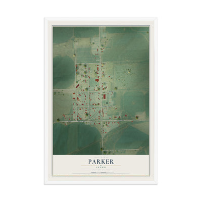 Map of Parker, Idaho, 12 x 18 inch print in a white wood frame