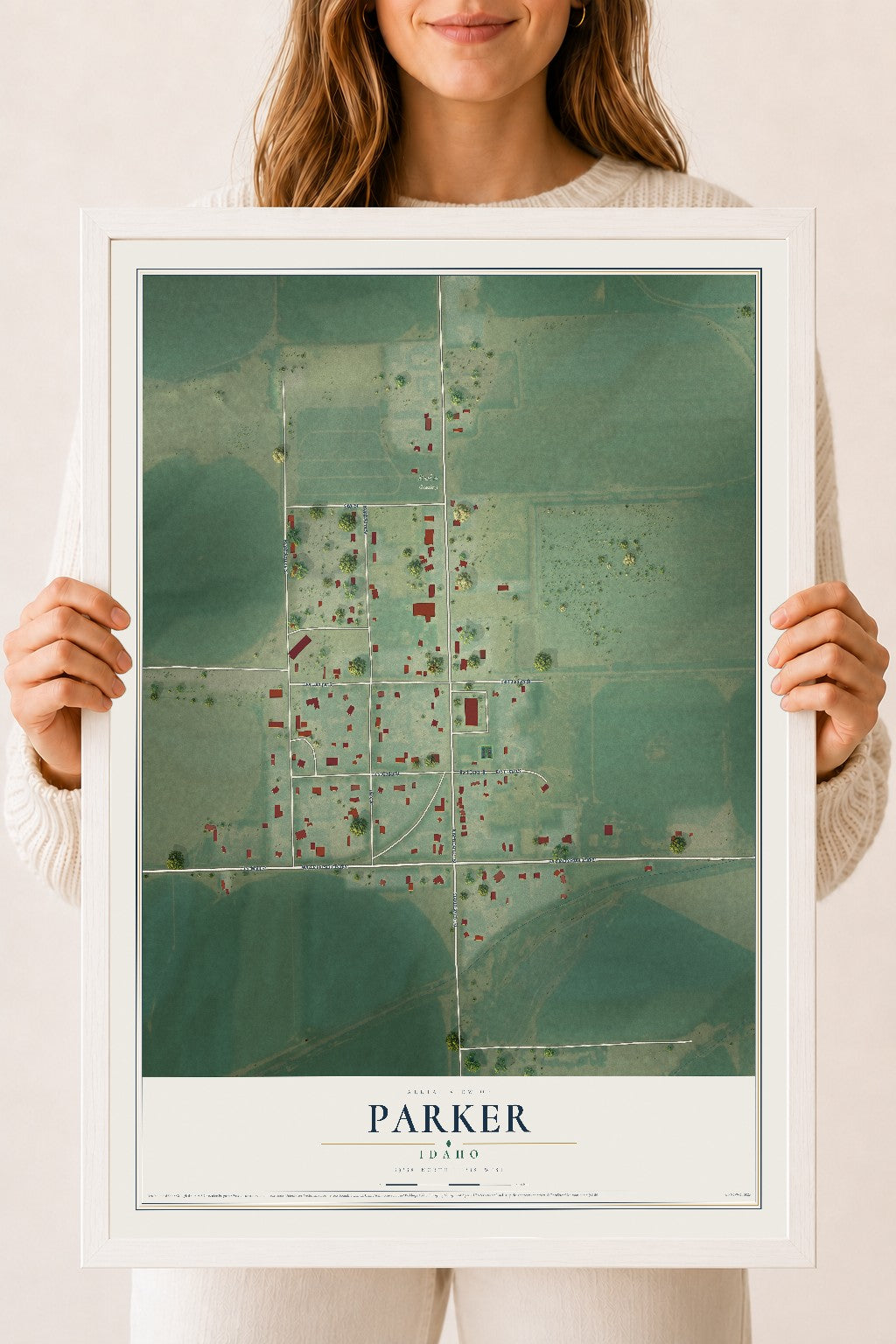 Map of Parker, Idaho, 18 x 24 inch print in a white wood frame