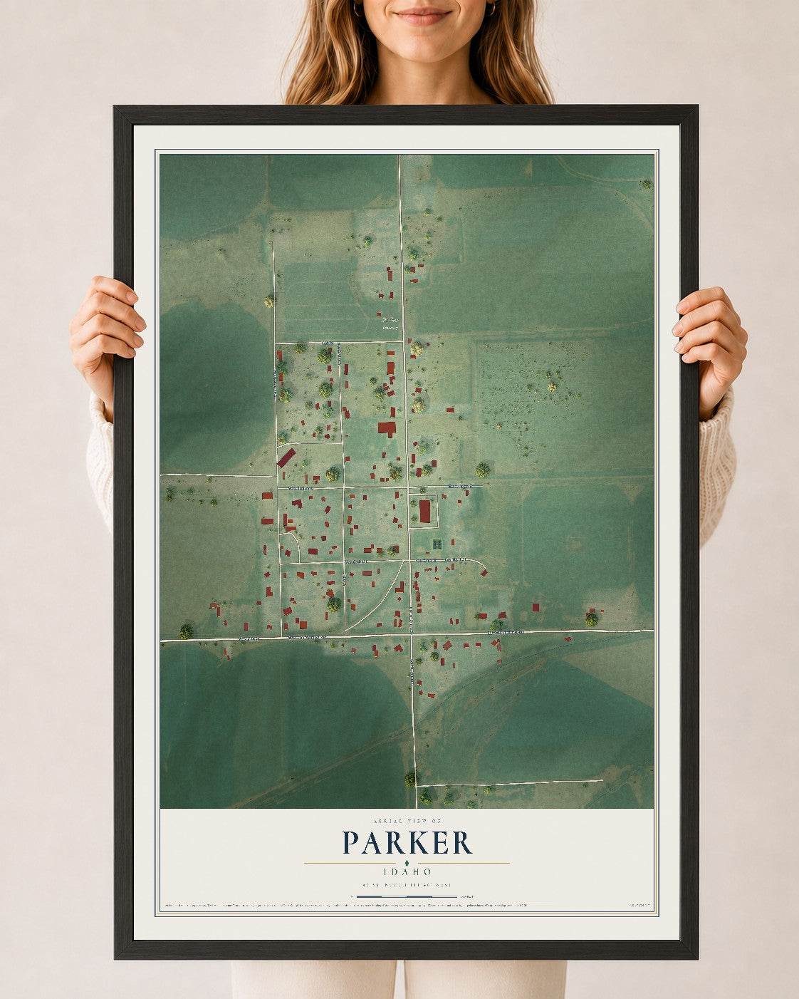 Map of Parker, Idaho, 24 x 36 inch print in a black wood frame