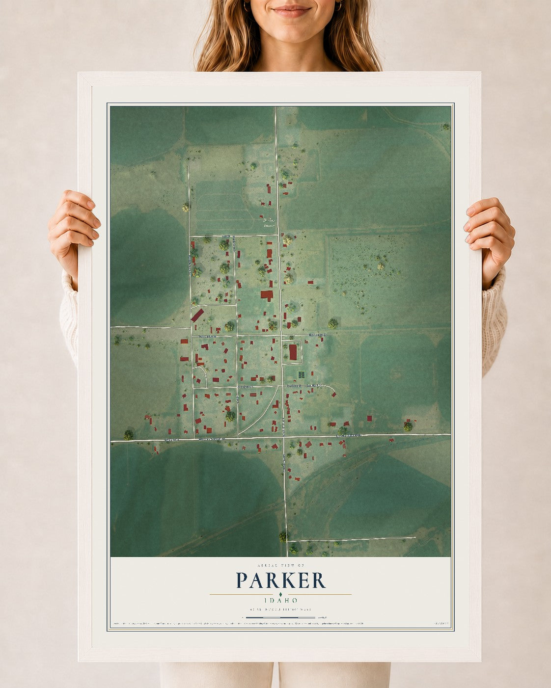 Map of Parker, Idaho, 24 x 36 inch print in a white wood frame