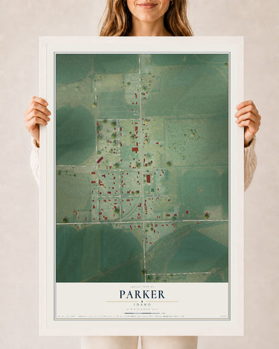 Map of Parker, Idaho, 24 x 36 inch print in a white wood frame