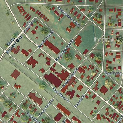 Close-up of the map of Parma, Idaho print showing street and building detail