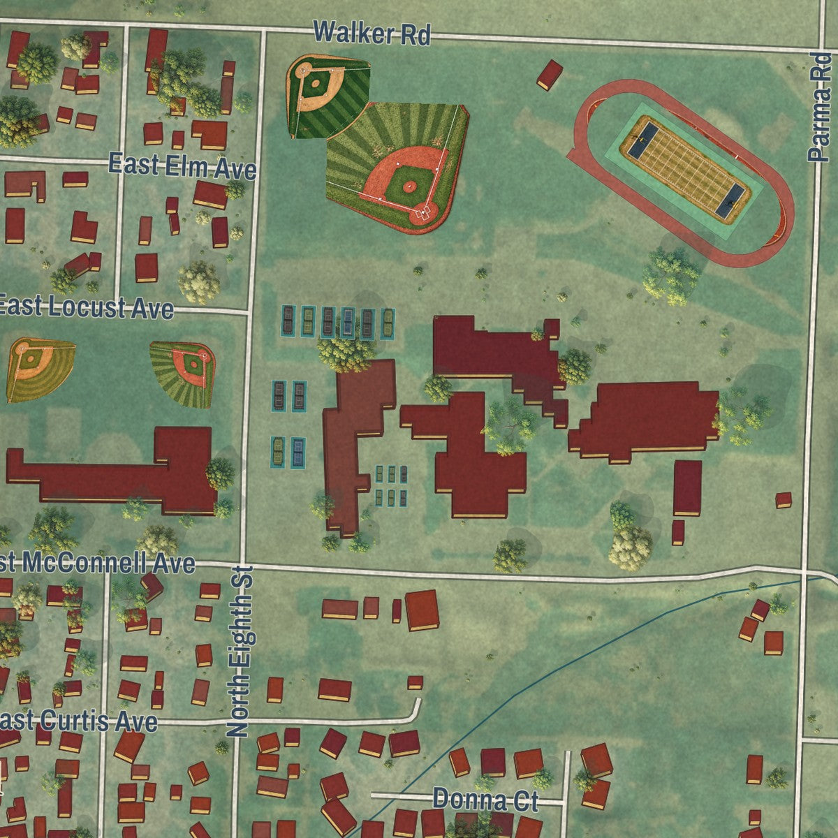 Second close-up of the map of Parma, Idaho print showing more streets and buildings