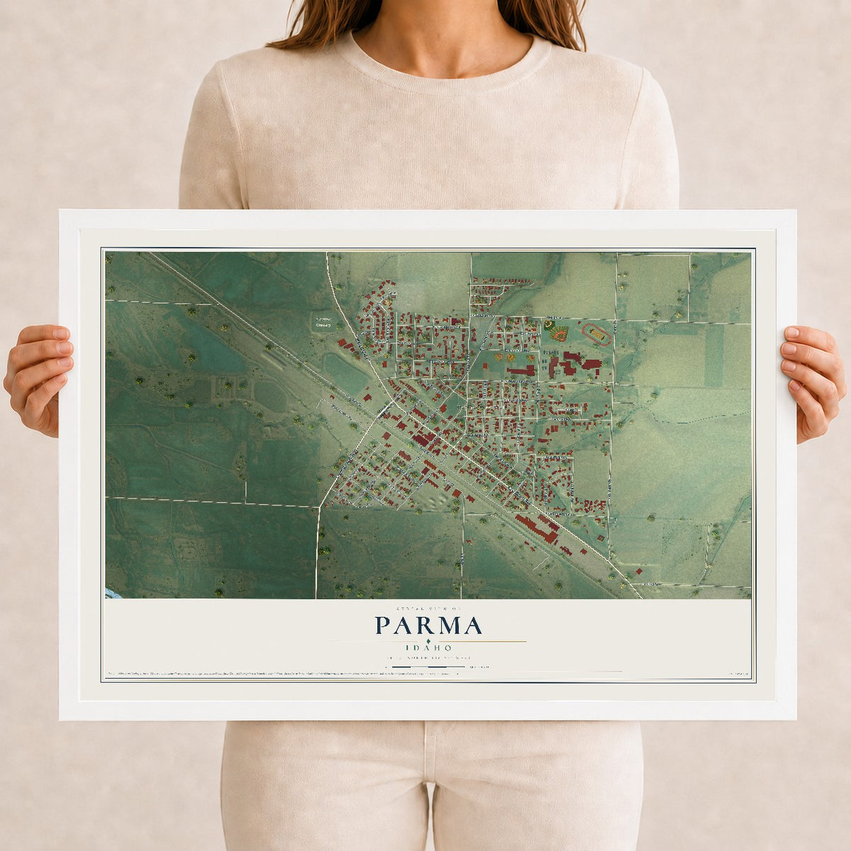 Map of Parma, Idaho, 12 x 18 inch print in a white wood frame