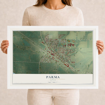 Map of Parma, Idaho, 12 x 18 inch print in a white wood frame