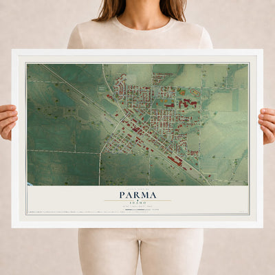 Map of Parma, Idaho, 18 x 24 inch print in a white wood frame