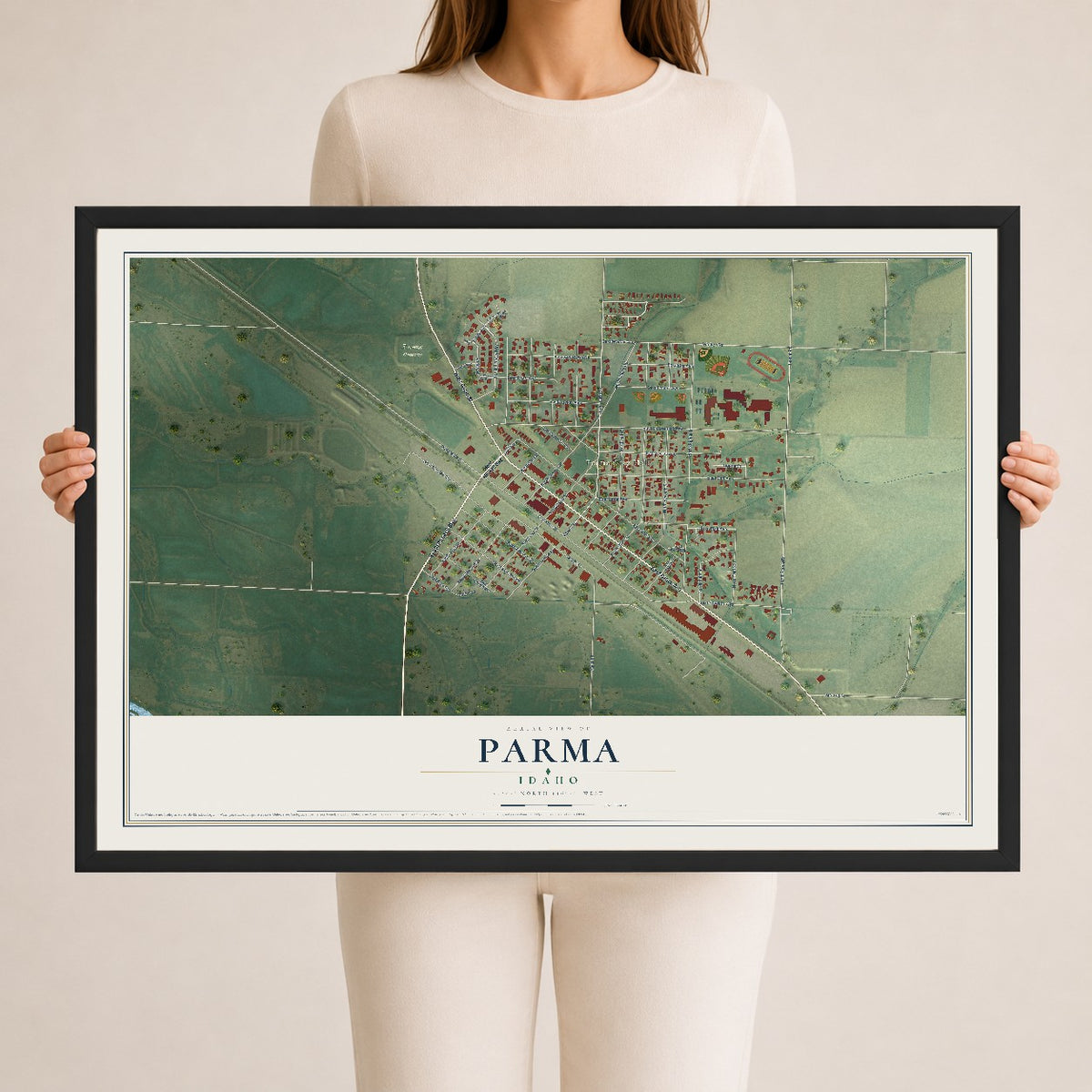 Map of Parma, Idaho, 24 x 36 inch print in a black wood frame