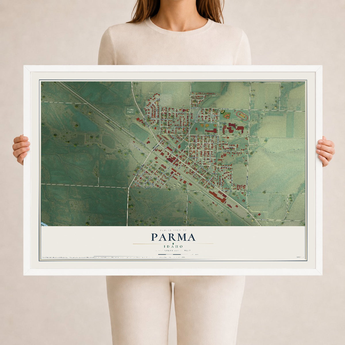 Map of Parma, Idaho, 24 x 36 inch print in a white wood frame