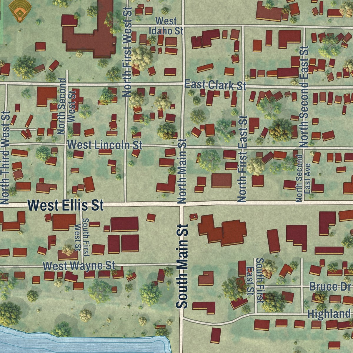 Close-up of the map of Paul, Idaho print showing street and building detail