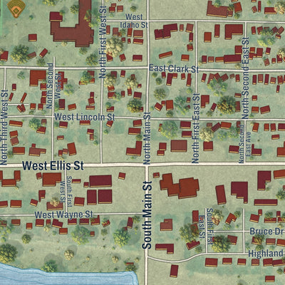 Close-up of the map of Paul, Idaho print showing street and building detail