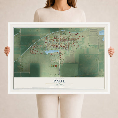 Map of Paul, Idaho, 24 x 36 inch print in a white wood frame