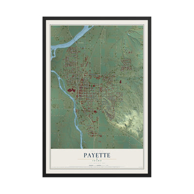 Map of Payette, Idaho, 12 x 18 inch print in a black wood frame