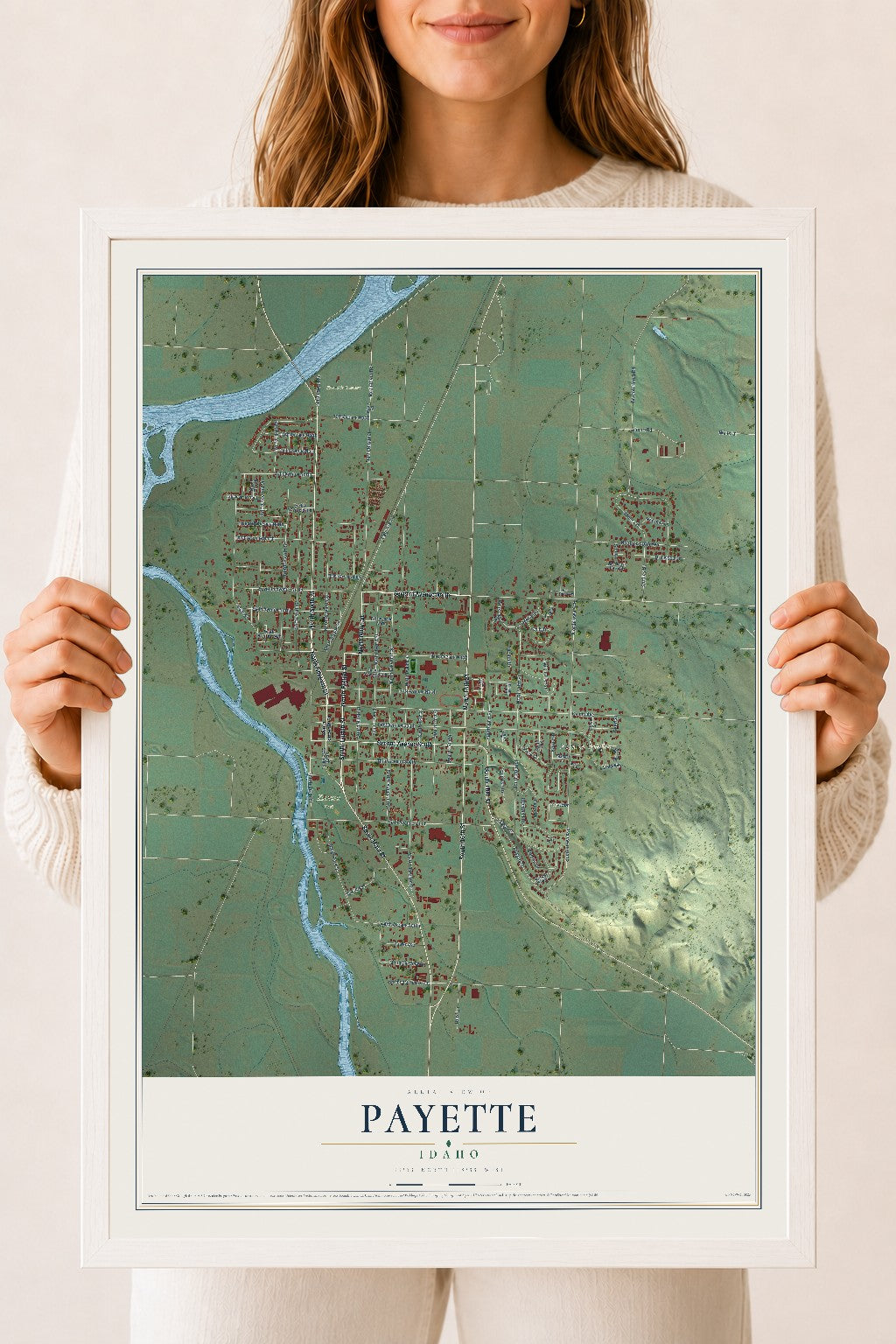 Map of Payette, Idaho, 18 x 24 inch print in a white wood frame