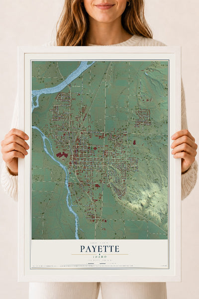 Map of Payette, Idaho, 18 x 24 inch print in a white wood frame