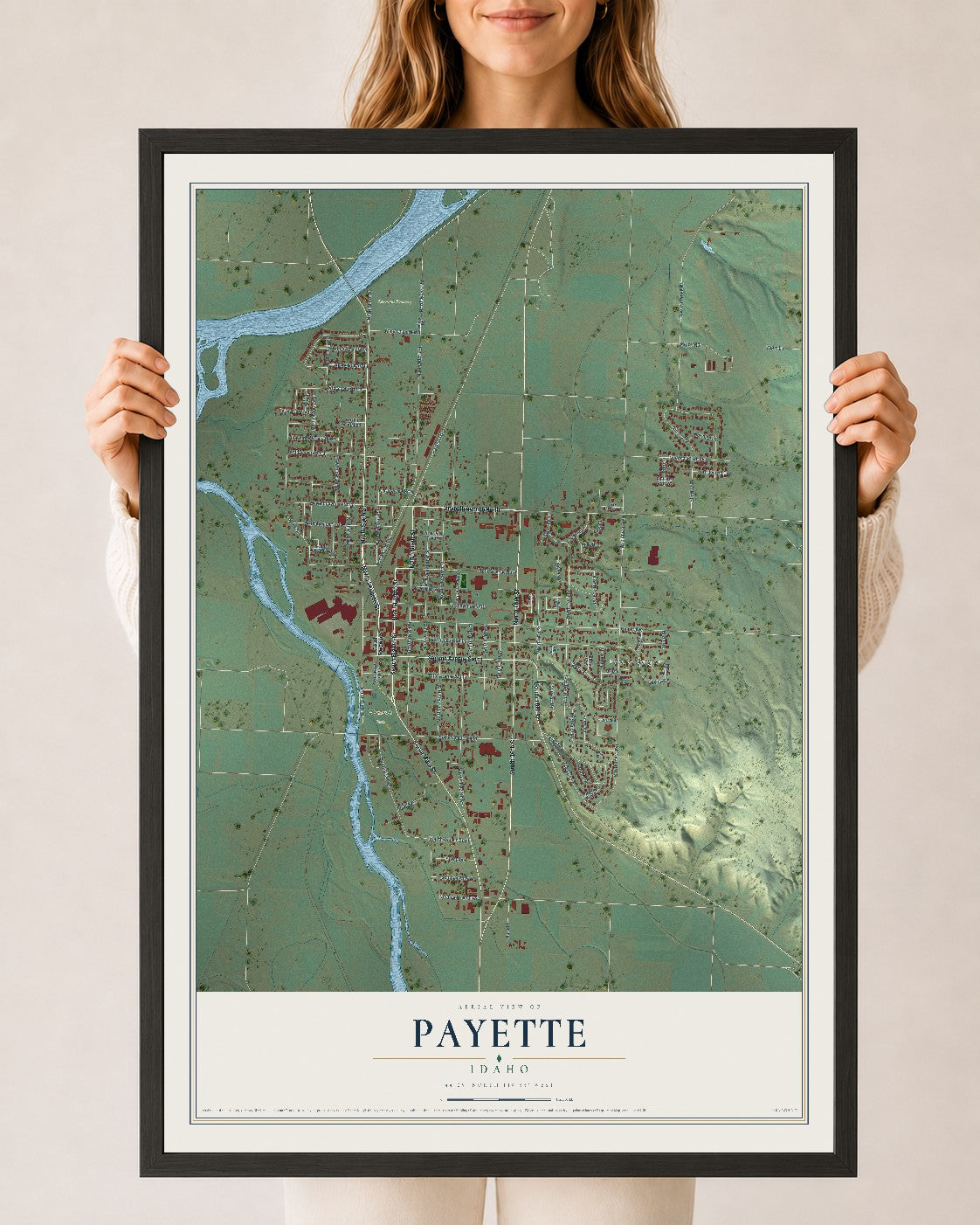Map of Payette, Idaho, 24 x 36 inch print in a black wood frame