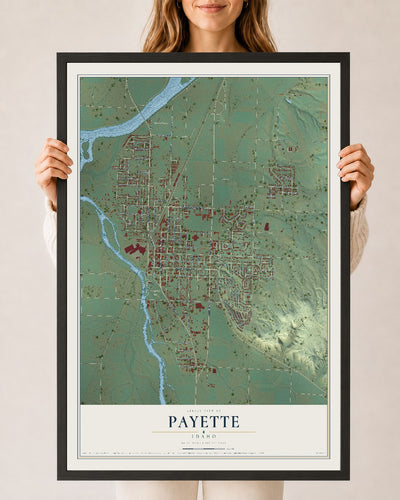 Map of Payette, Idaho, 24 x 36 inch print in a black wood frame