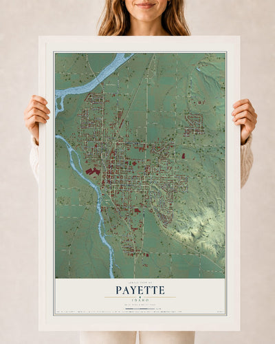 Map of Payette, Idaho, 24 x 36 inch print in a white wood frame