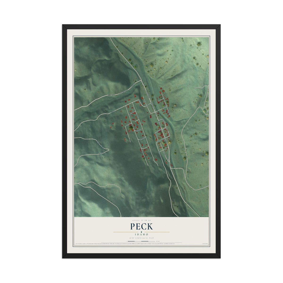 Map of Peck, Idaho, 12 x 18 inch print in a black wood frame