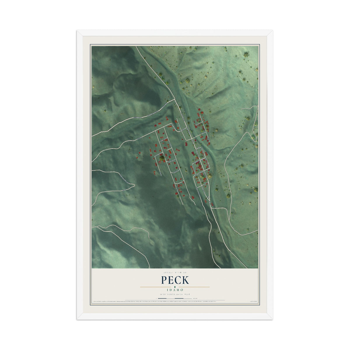 Map of Peck, Idaho, 12 x 18 inch print in a white wood frame
