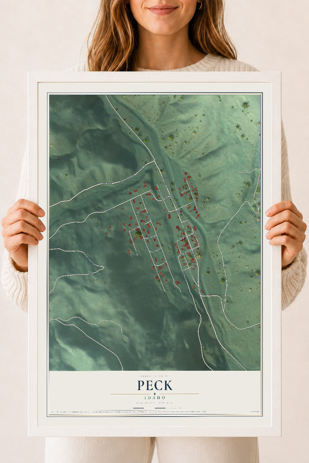 Map of Peck, Idaho, 18 x 24 inch print in a white wood frame