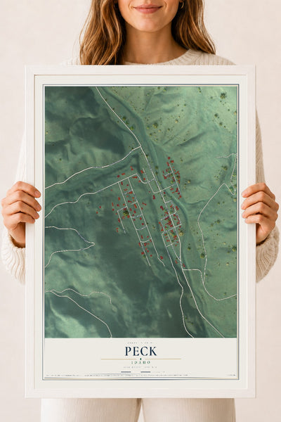 Map of Peck, Idaho, 18 x 24 inch print in a white wood frame