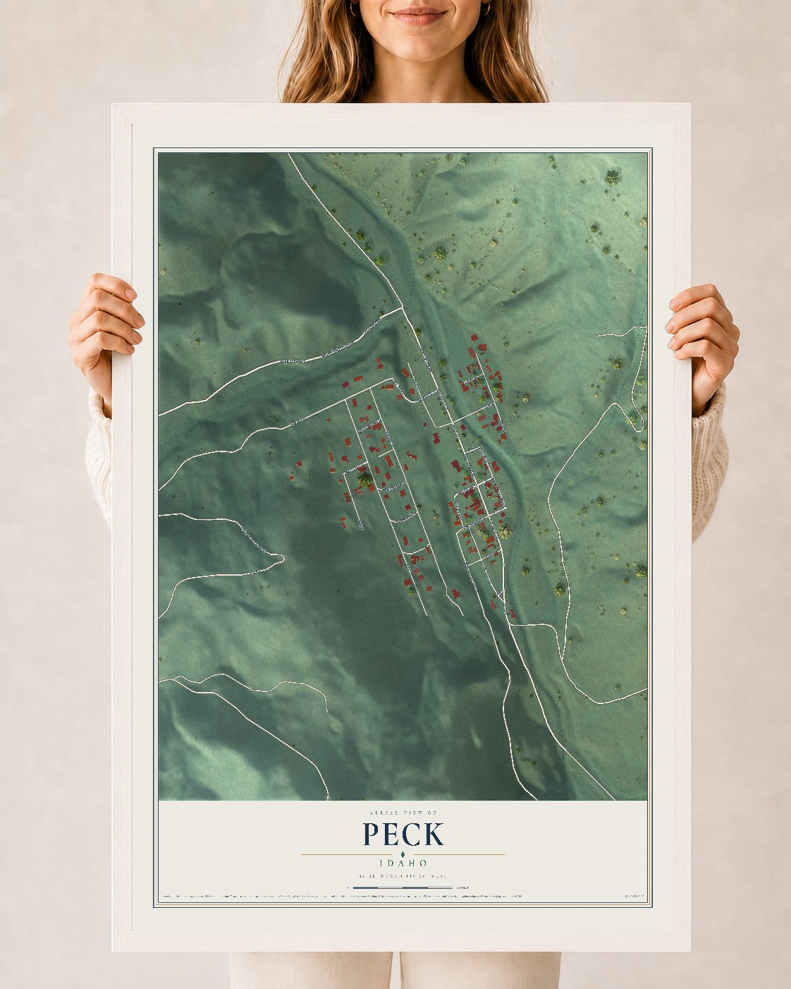 Map of Peck, Idaho, 24 x 36 inch print in a white wood frame