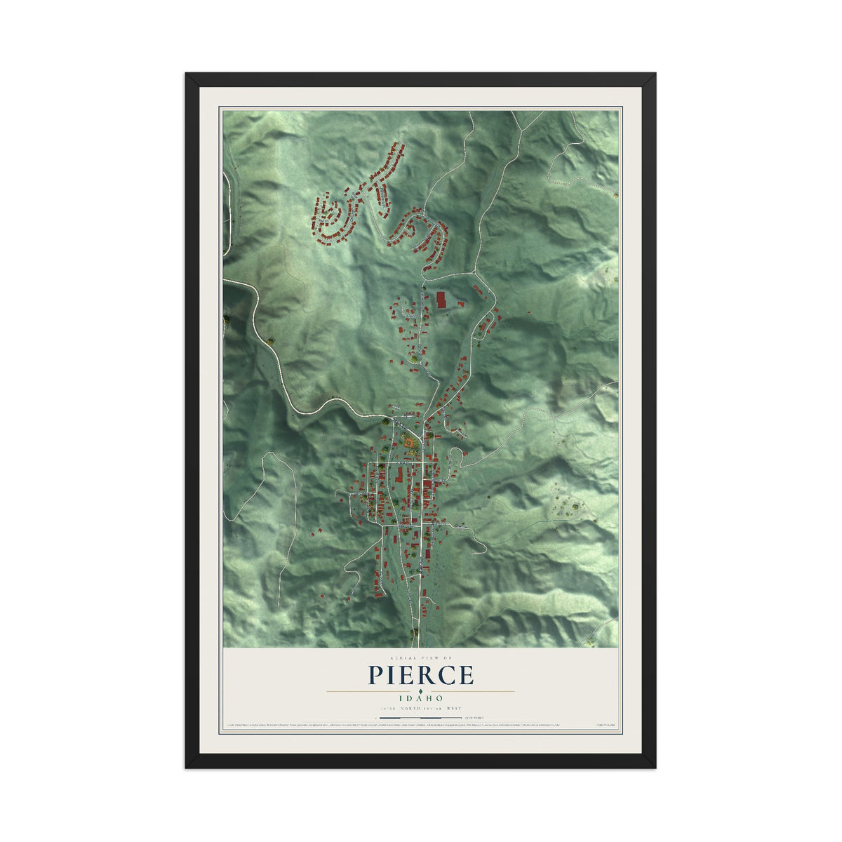 Map of Pierce, Idaho, 12 x 18 inch print in a black wood frame