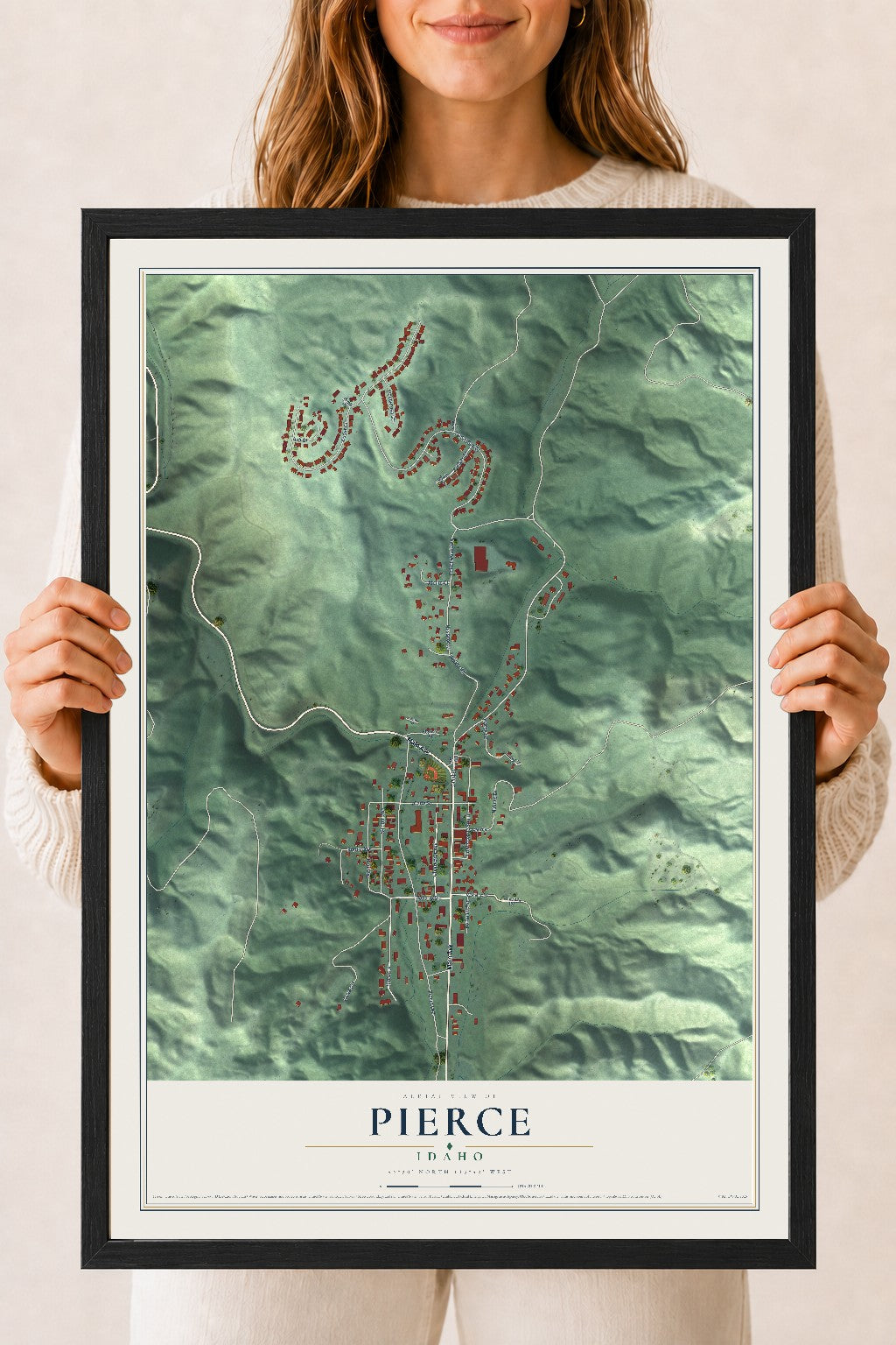 Map of Pierce, Idaho, 18 x 24 inch print in a black wood frame