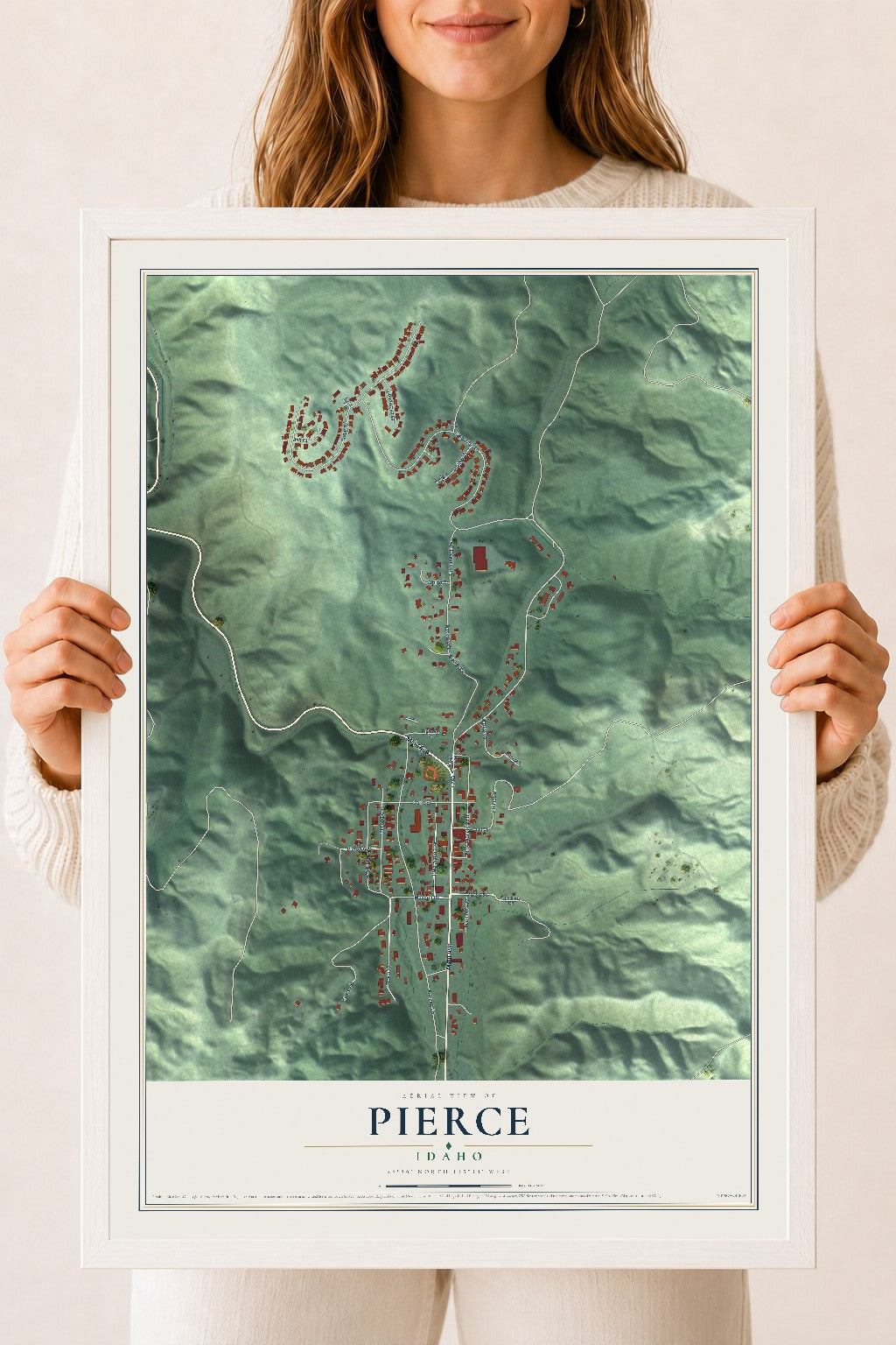 Map of Pierce, Idaho, 18 x 24 inch print in a white wood frame