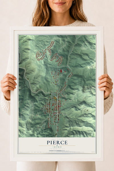 Map of Pierce, Idaho, 18 x 24 inch print in a white wood frame