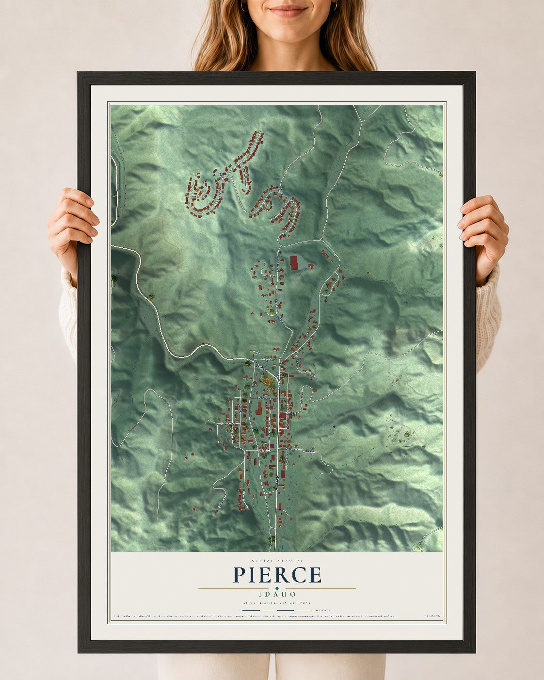 Map of Pierce, Idaho, 24 x 36 inch print in a black wood frame