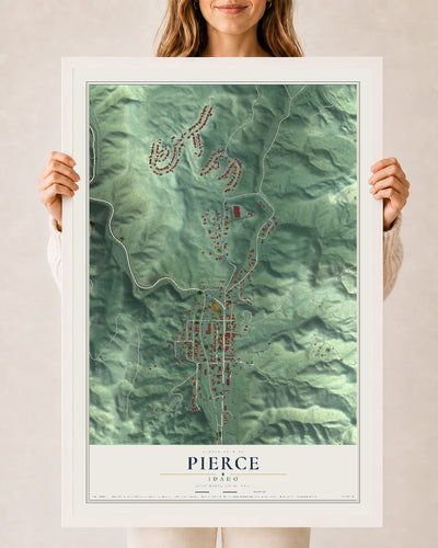 Map of Pierce, Idaho, 24 x 36 inch print in a white wood frame